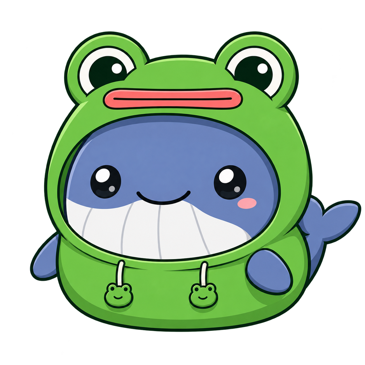 Blue whale mascot wearing a green Pepe frog costume