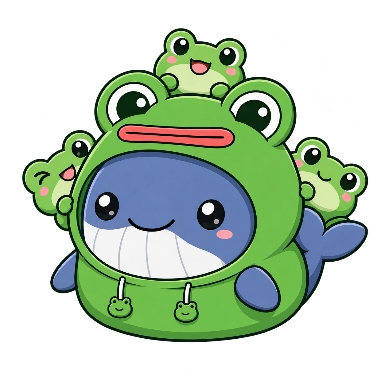 WHALEPY surrounded by a community of small frog characters